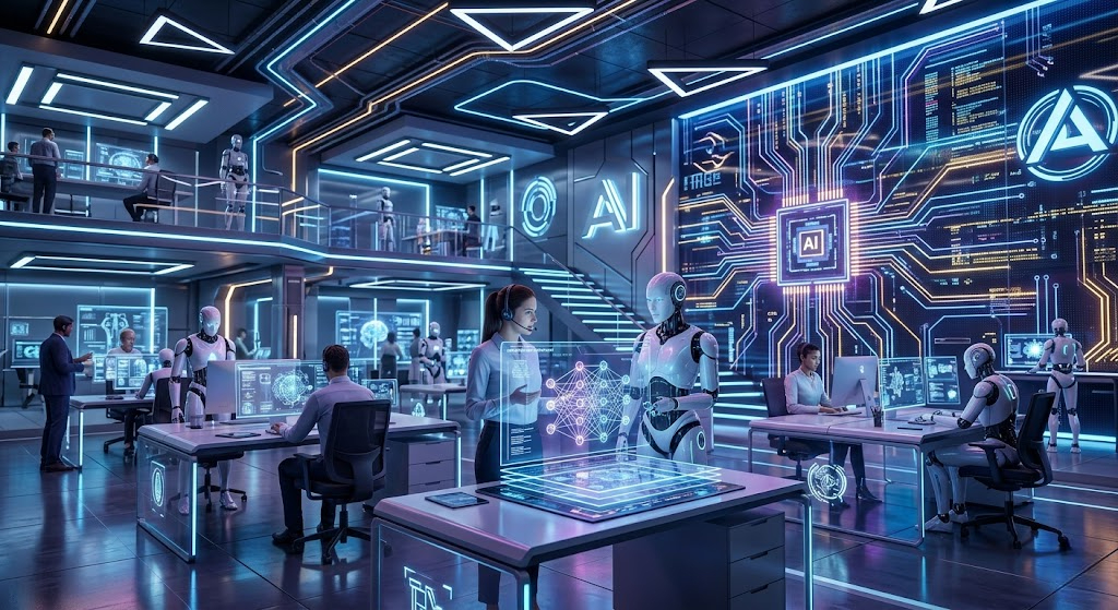 AI और इंसान साथ में futuristic office में काम करते हुए