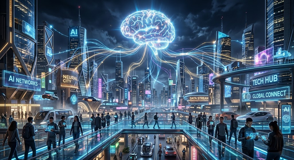 AI powered smart city future technology concept