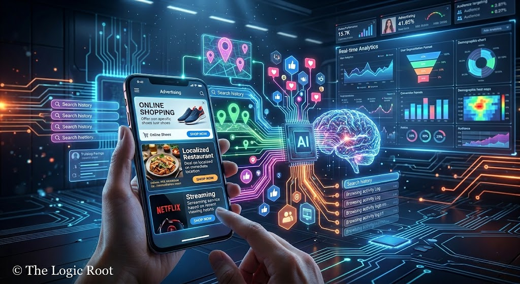 AI एल्गोरिद्म यूज़र डेटा से टारगेटेड Ads दिखाते हुए