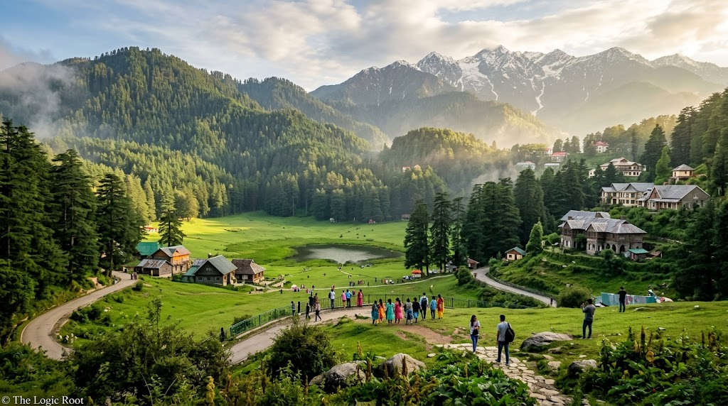 Dalhousie hill station Khajjiar meadow pine forests and Himalayan mountains Himachal Pradesh