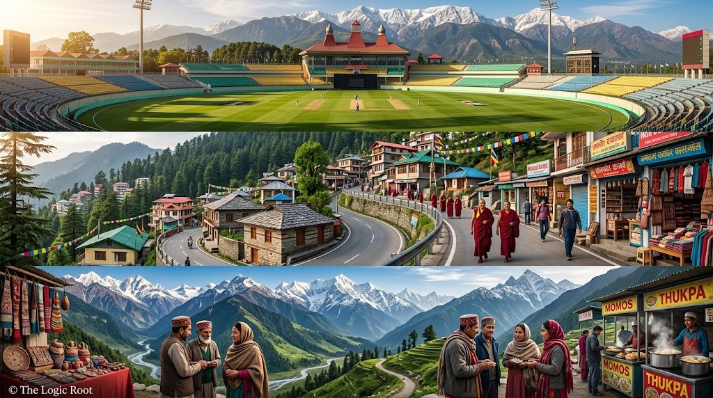 Himachal Pradesh Travel Guide – Dharmshala cinematic collage with stadium, McleodGanj, Himalaya mountains, local culture and food