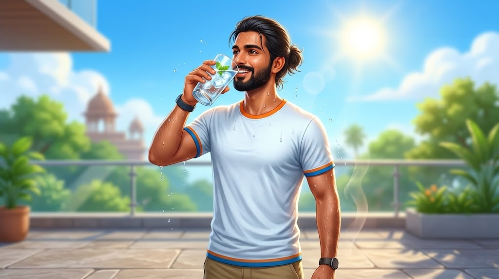 Indian person drinking water in summer heat