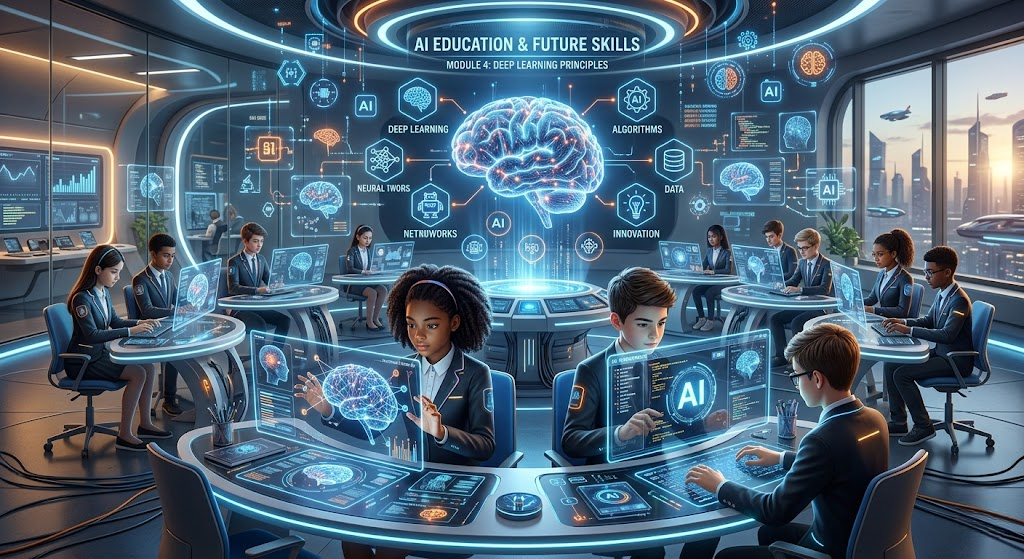 Students AI technology और future skills सीखते हुए