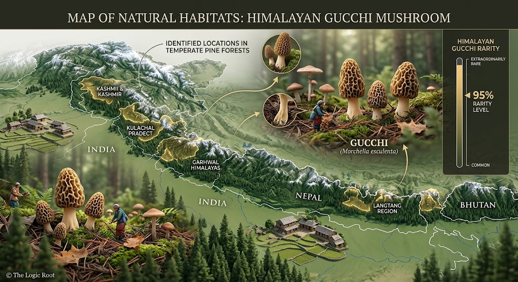 Himalayan Gucchi Mushroom rarity and Himalayan forest location infographic