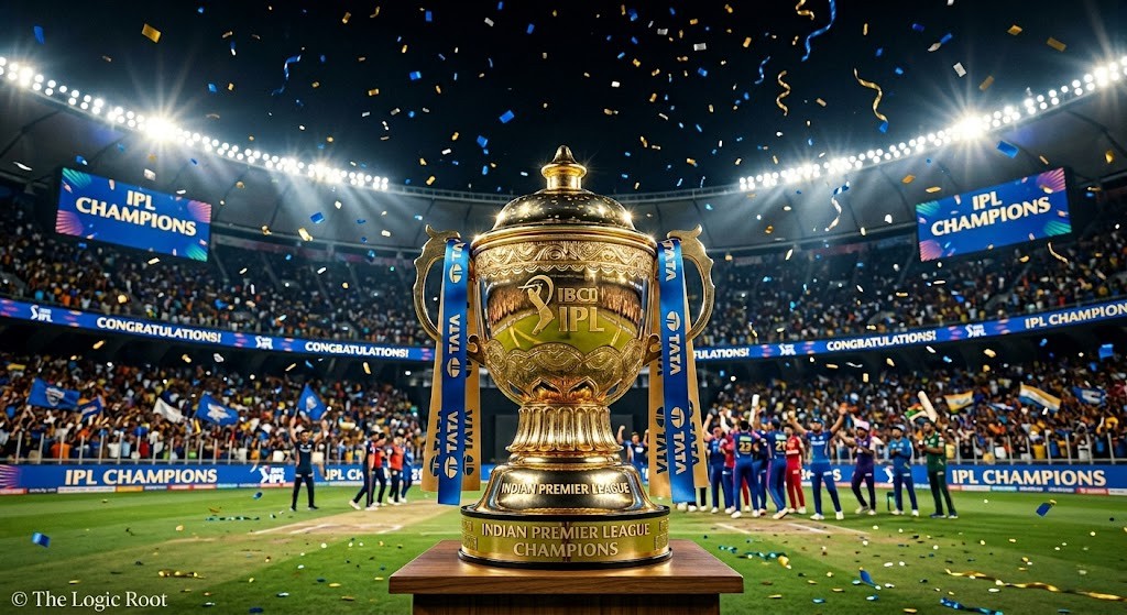 IPL trophy shining in cricket stadium under bright floodlights representing Indian Premier League championship