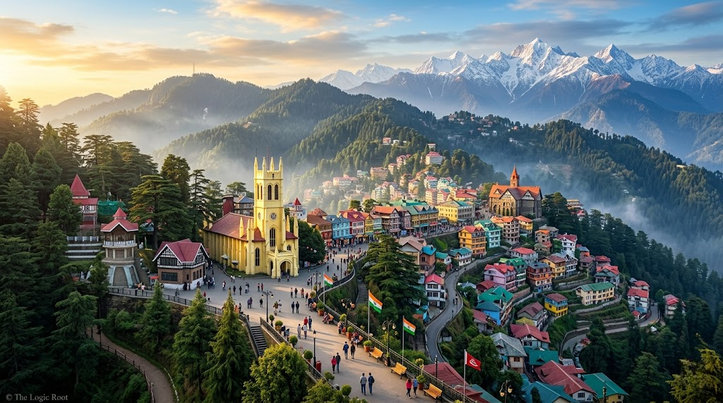 Shimla hill station Mall Road Christ Church colonial buildings and Himalayan mountains Himachal Pradesh