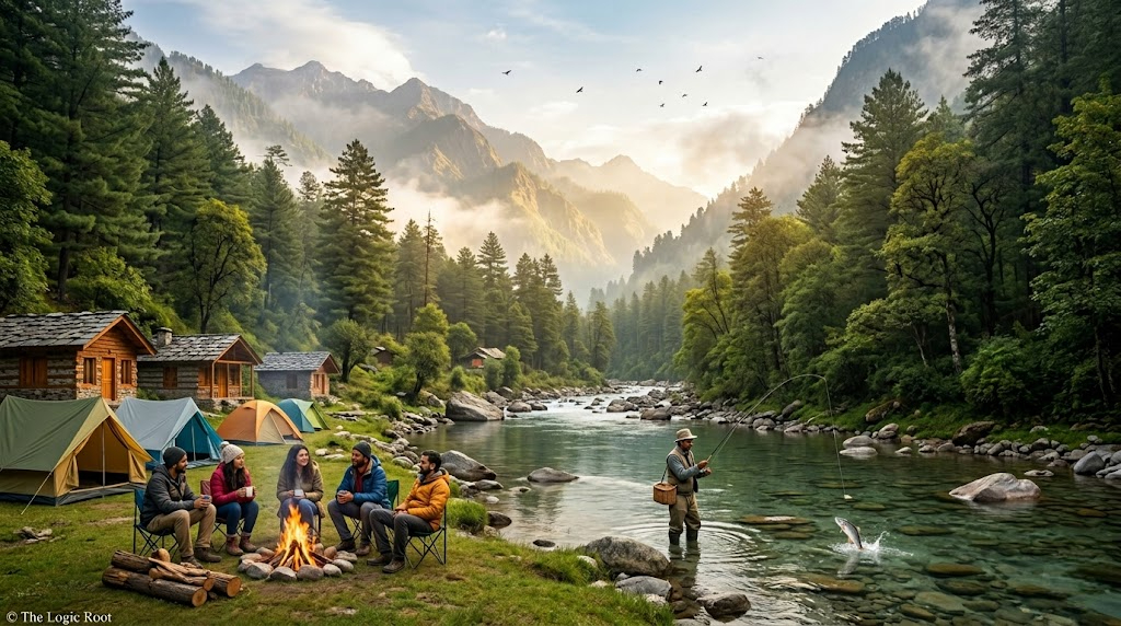 Tirthan Valley river landscape with forests camping and trout fishing Himachal Pradesh
