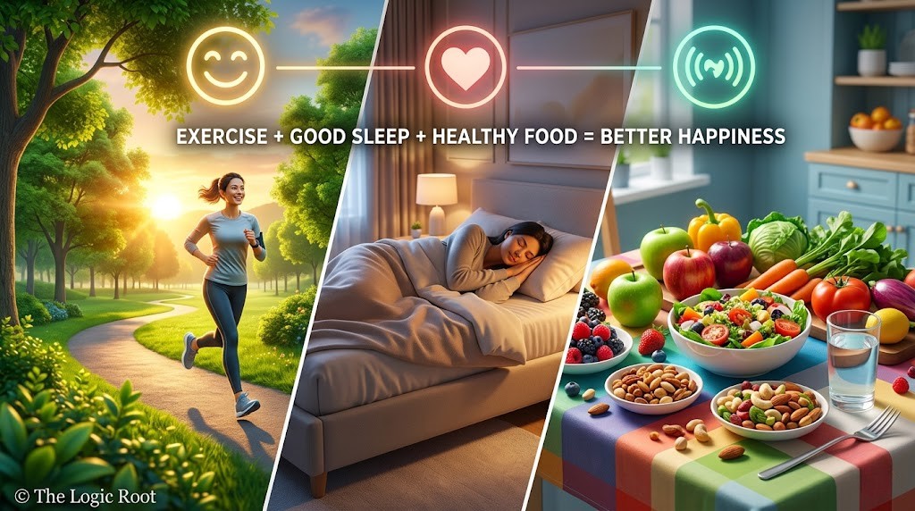 स्वस्थ जीवनशैली जिसमें exercise, अच्छी नींद और healthy food से happiness बढ़ती है