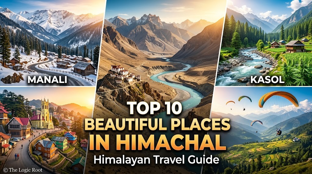 Travel collage showing famous tourist places in Himachal Pradesh including Manali, Shimla and Spiti Valley.