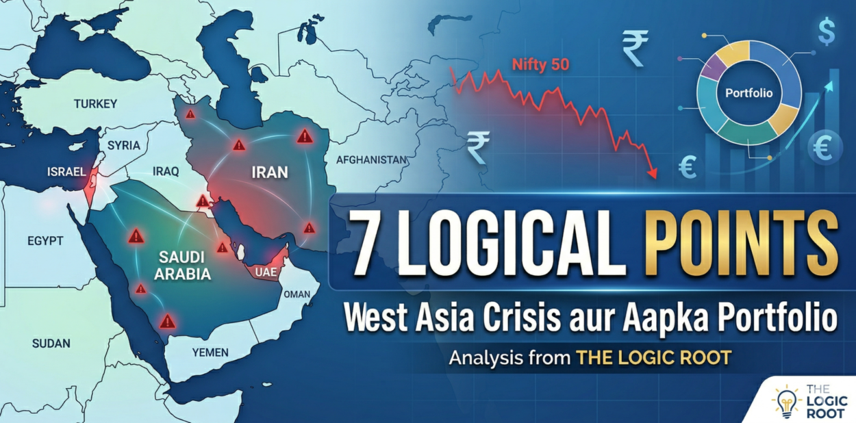 West Asia map with conflict indicators, stock charts, and portfolio graphics highlighting investment tips during the West Asia crisis – 7 logical points for managing your portfolio