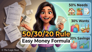 50/30/20 budget rule illustration showing needs wants and savings in Hindi
