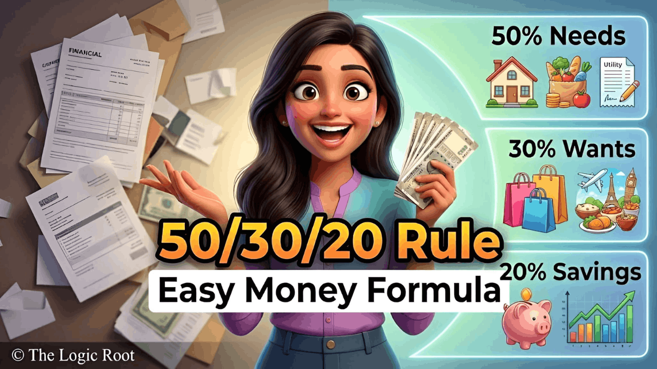 50/30/20 budget rule illustration showing needs wants and savings in Hindi