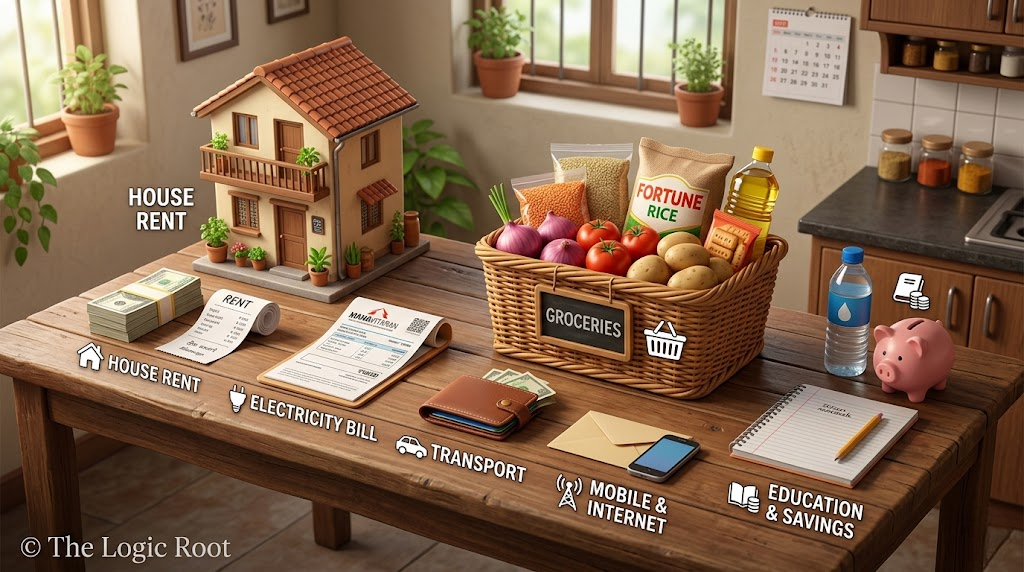 50 percent needs expenses example India rent bills groceries budget