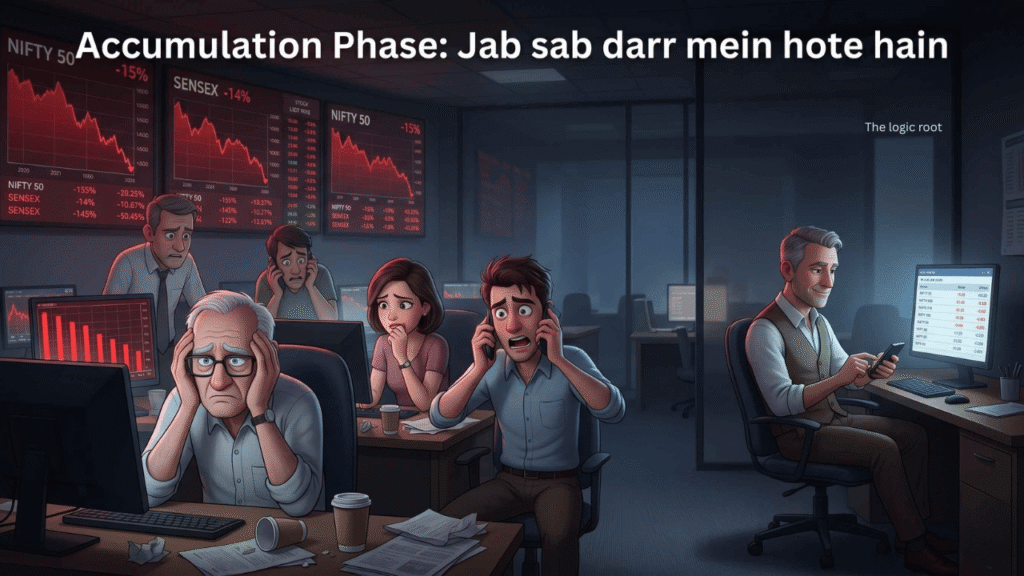 Market cycles explained: A stock market office where multiple distressed retail investors are panicking and crying over falling red candlestick charts on large screens. In the background, a calm businessman is discreetly buying stocks at low prices, symbolizing the Accumulation Phase of market cycles.