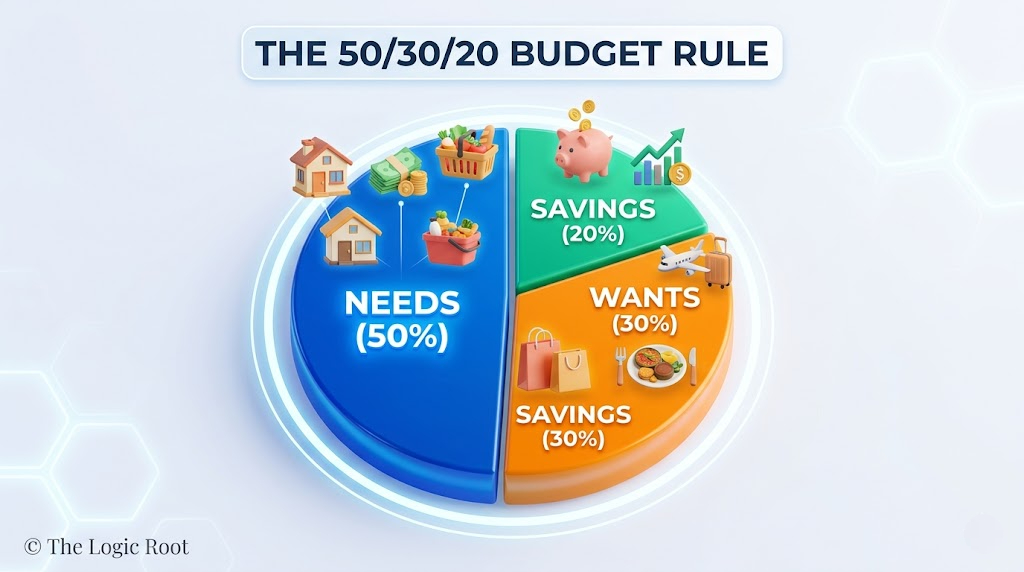 50/30/20 budget rule illustration showing needs wants and savings in Hindi