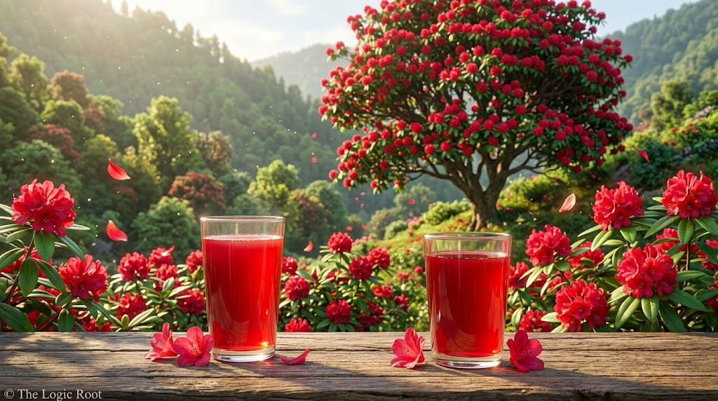 Buransh juice glass with red rhododendron flowers