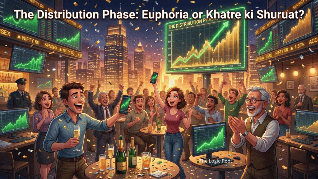 Ek ultra-realistic 3D Pixar-style stock market celebration scene jahan ek massive display par red chart, falling arrows aur title text "The Distribution Phase: Euphoria or Khatre ki Shuruat?" dikhaya gaya hai.
