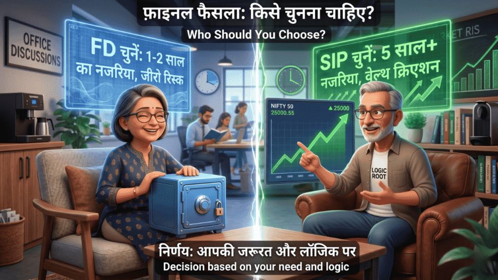 SIP VS FD "3D Pixar-style illustration of Guresh and Shamita in a modern office discussion, comparing SIP vs FD. A central split-screen displays Hindi text 'Final Verdict' with SIP on the green side for wealth creation and FD on the blue side for short-term safety."