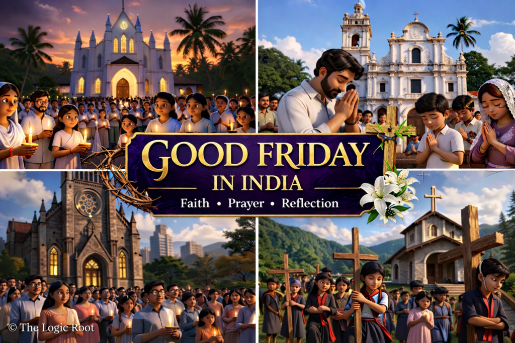 Good Friday celebrations in India collage showing churches in Kerala, Goa, Mumbai and Shillong