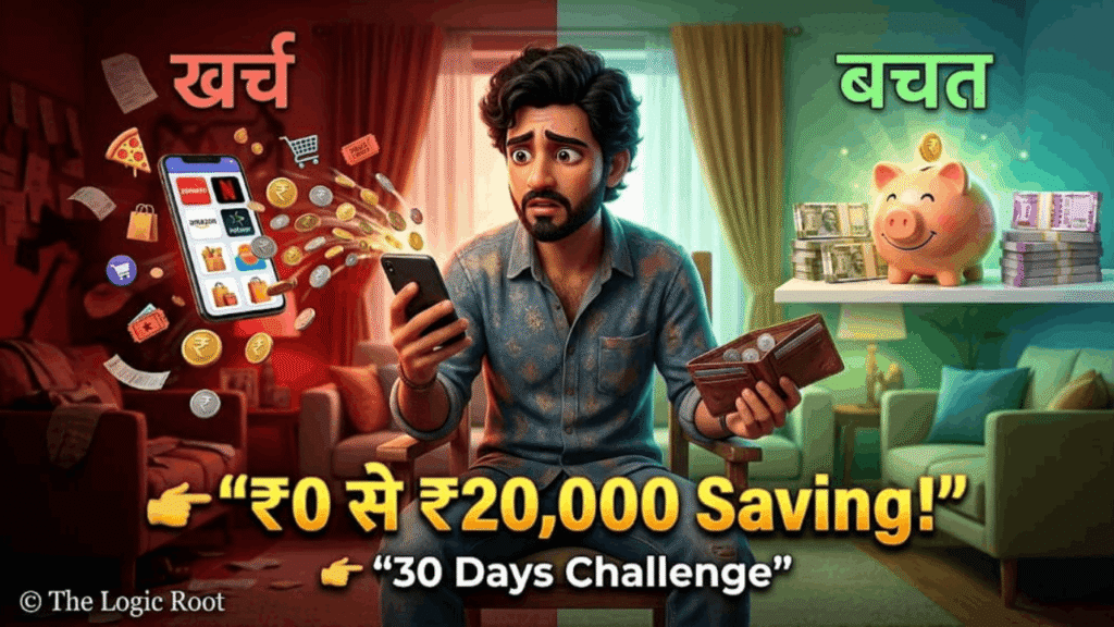 how to save money fast in india 2026 showing expenses vs savings concept with smartphone apps and piggy bank