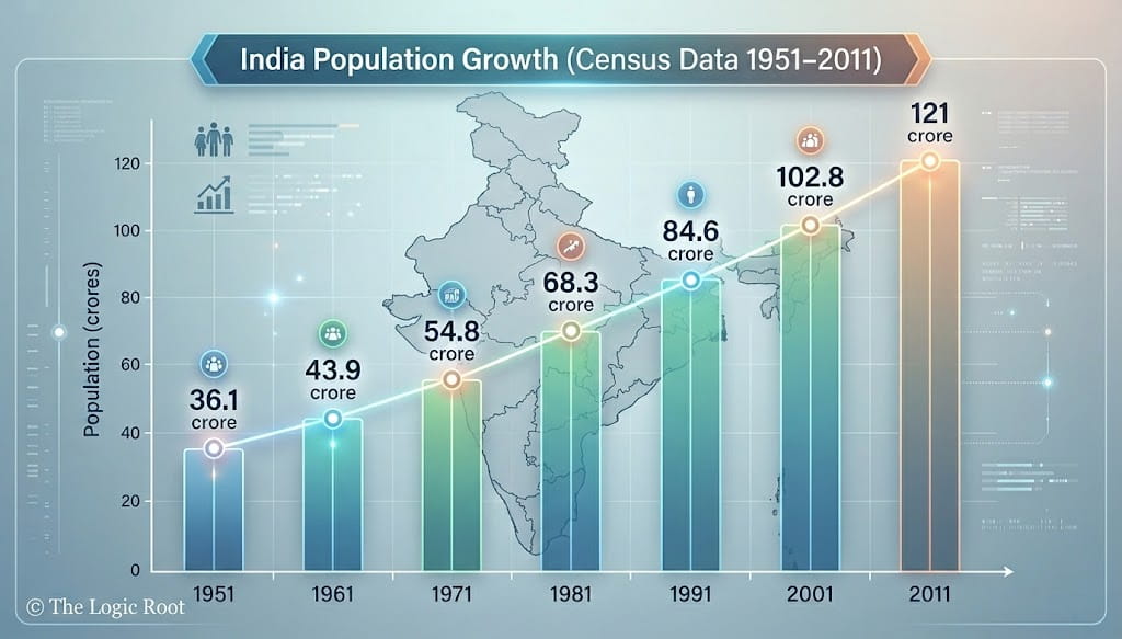 India population growth chart based on Census data 1951 to 2011