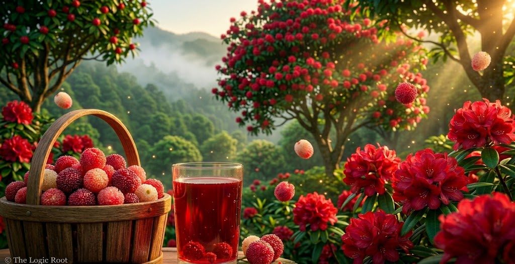 Kaafal tree and Buransh flowers in Himalayan forest