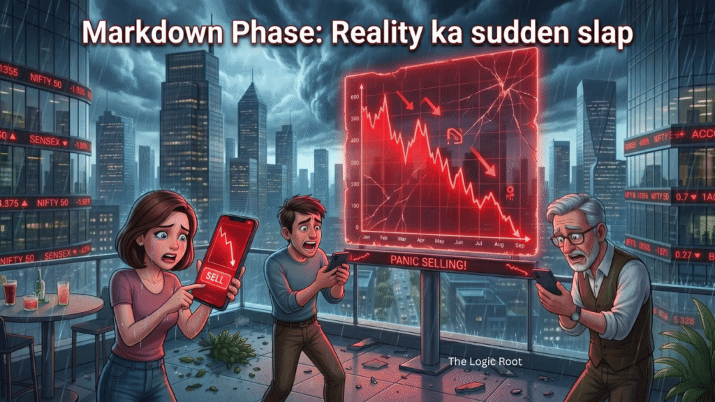 Bull aur Bear A 3D Pixar-style split-screen image illustrating extreme market emotion. The left side is brightly lit with celebratory crowds and surging green charts. The right side is dark and stormy, depicting panicked investors furiously selling stocks on their phones, with charts plunging red. In the center, a calm silhouette stands unfazed, symbolizing emotional mastery. The Hindi text at the bottom reads, "बुल बनाम बियर: इमोशनल मास्टर" (Bull vs. Bear: Emotional Mastery).