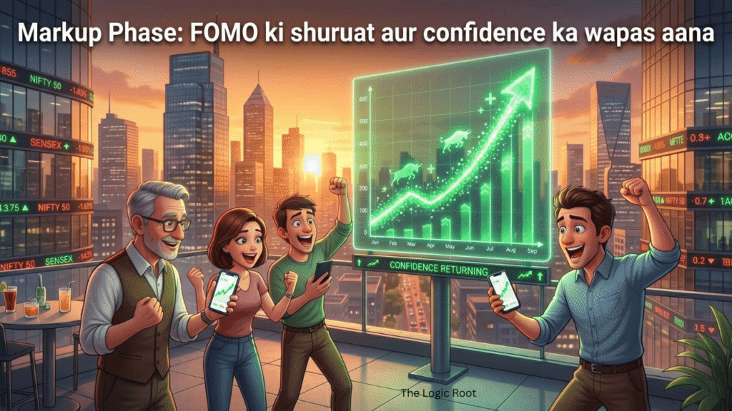Ek share bazaar ka chart jo zoron se upar ja raha hai aur hare rang mein chamak raha hai, ek 3D Pixar-style animation mein. Hare rang ka chart uphaar-swaroop upar ja raha hai, jiske dono taraf ek hi vyakti ke do versions uske phone par excited aur optimistic reaction de rahe hain, kyunki share bazaar mein tezi aayi hai aur unka munafa ho raha hai.