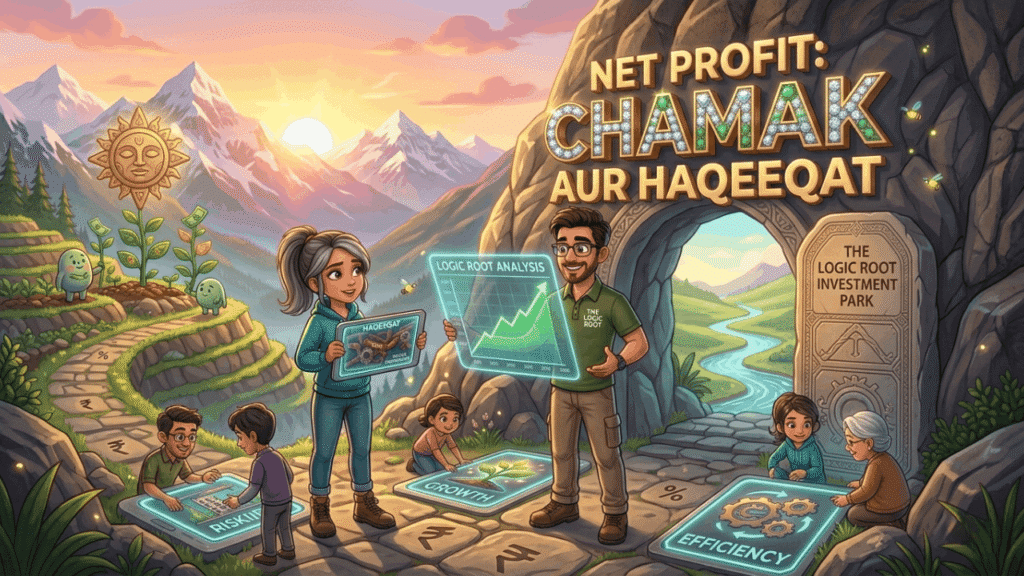 एक तुलनात्मक चार्ट जो 'Net Profit' और 'Actual Cash Flow' के बीच के अंतर को दर्शाता है, जिसमें एक तरफ चमकता हुआ प्रॉफिट और दूसरी तरफ असली कैश की वास्तविकता को लॉजिकल ग्राफ के साथ दिखाया गया है।