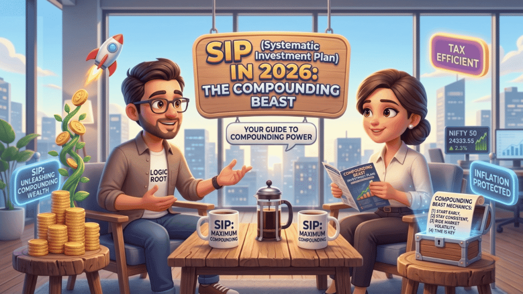 SIP vs FD 3D Pixar-style illustration of Guresh Sir and Shamita Ji discussing SIP and Compounding in a modern office, titled "SIP in 2026: The Compounding Beast.