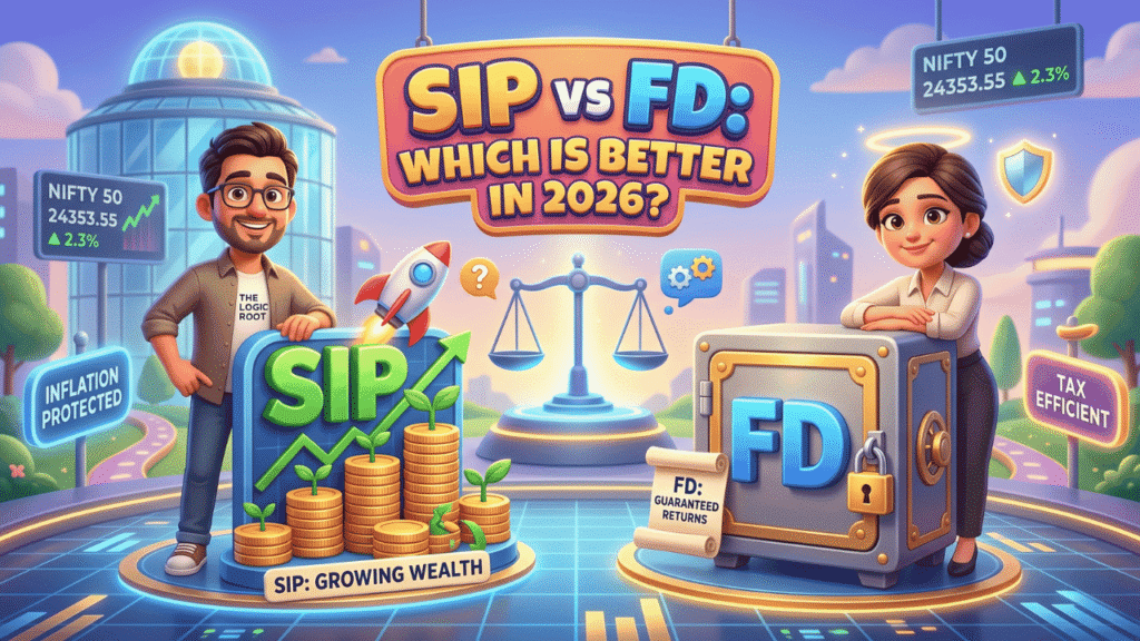 "A high-quality 3D Pixar-style illustration comparing SIP and FD in a 2026 office setting. Guresh Sir is standing near a green SIP growth chart with a rocket icon, and Shamita Ji is standing next to a blue FD safe with a shield. The background shows a futuristic city view through large windows."
