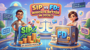 "A high-quality 3D Pixar-style illustration comparing SIP and FD in a 2026 office setting. Guresh Sir is standing near a green SIP growth chart with a rocket icon, and Shamita Ji is standing next to a blue FD safe with a shield. The background shows a futuristic city view through large windows."