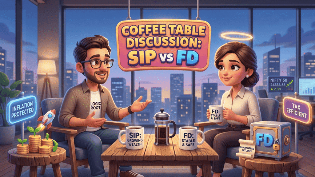 "3D Pixar style illustration of Guresh Sir and Shamita Ji discussing SIP vs FD over coffee in a modern office."
