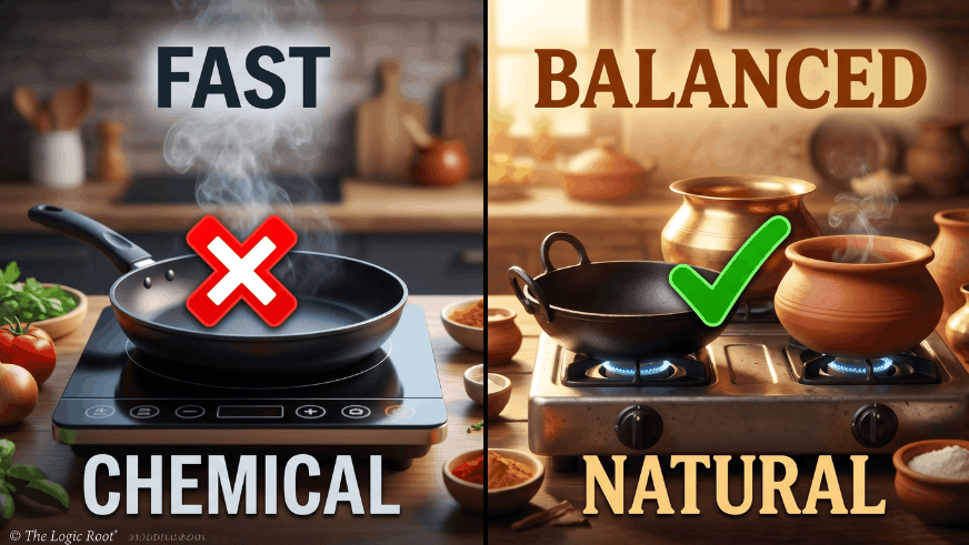 "A 3D split comparison illustration showing a modern non-stick frying pan with a red cross mark vs traditional clay and brass pots with a green check mark, highlighting the logic of health and nutrition."