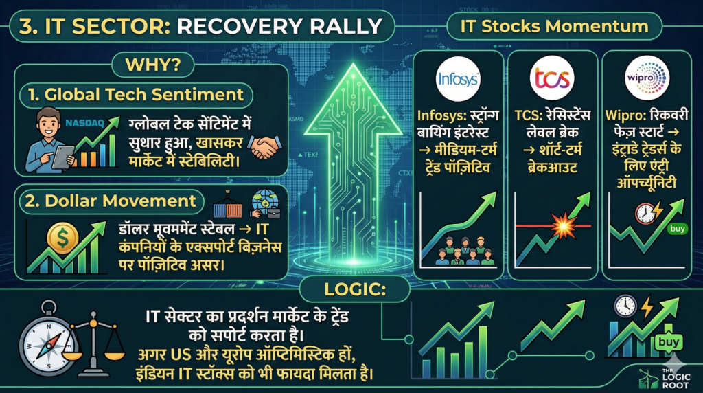 A detailed infographic about the IT Sector Recovery Rally for a stock market blog. The image explains the 'Why' through Global Tech Sentiment and Dollar Movement. It features specific stock momentum for Infosys, TCS, and Wipro with technical charts. A 'Logic' section correlates Indian IT performance with US and European market optimism. 'The Logic Root' branding is present.