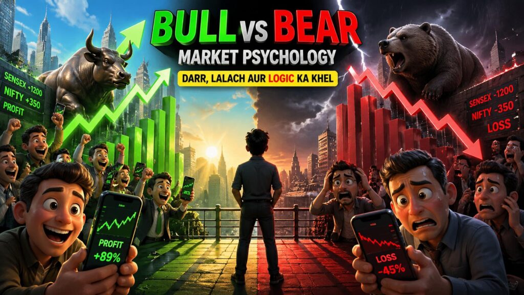Bull aur bear market ko dikhata hua ek split image—ek side bullish upward rising chart aur green arrows ke saath optimism, aur doosri side bearish falling chart red arrows ke saath fear aur panic—beech mein human brain psychology symbol market emotions ko represent karta hua
