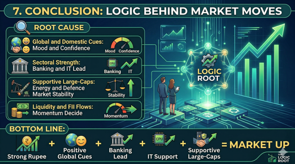 A comprehensive summary infographic titled 'Conclusion: Logic Behind Market Moves' for The Logic Root blog. It lists root causes like Global/Domestic Cues, Sectoral Strength (Banking & IT), Supportive Large-Caps, and Liquidity/FII flows. A 'Bottom Line' formula at the bottom shows: Strong Rupee + Positive Global Cues + Banking Lead + IT Support + Supportive Large-Caps = Market Up. Includes The Logic Root branding.