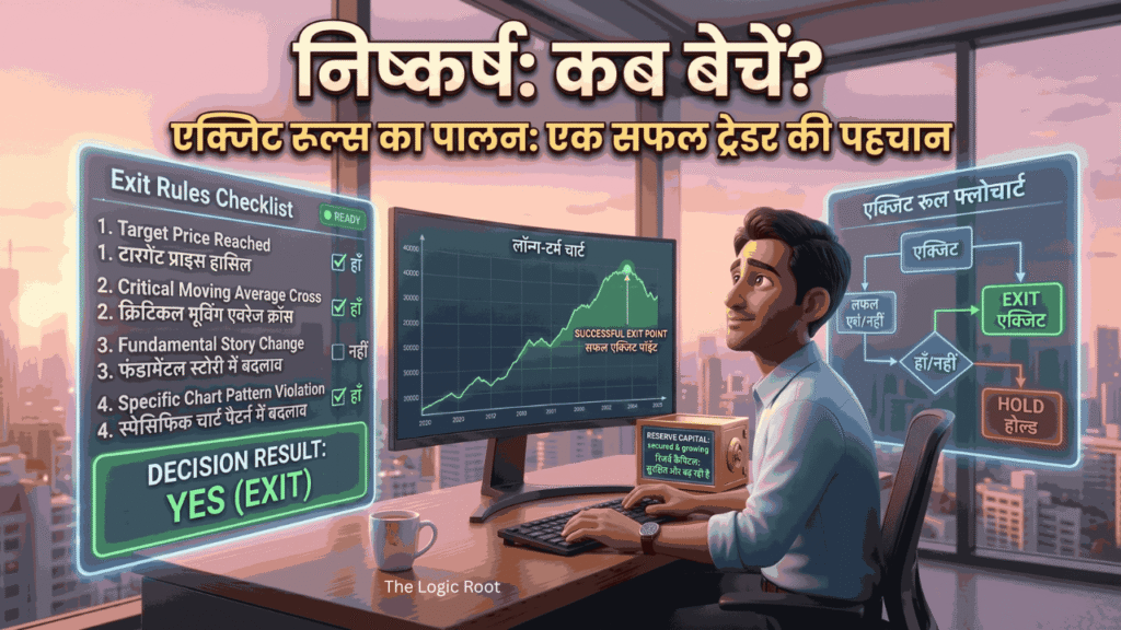 Ek vyakti jo stock market chart ko analyze karte hue 'Sell' button par focus kar raha hai, stock market exit strategy aur disciplined trading ka depiction.