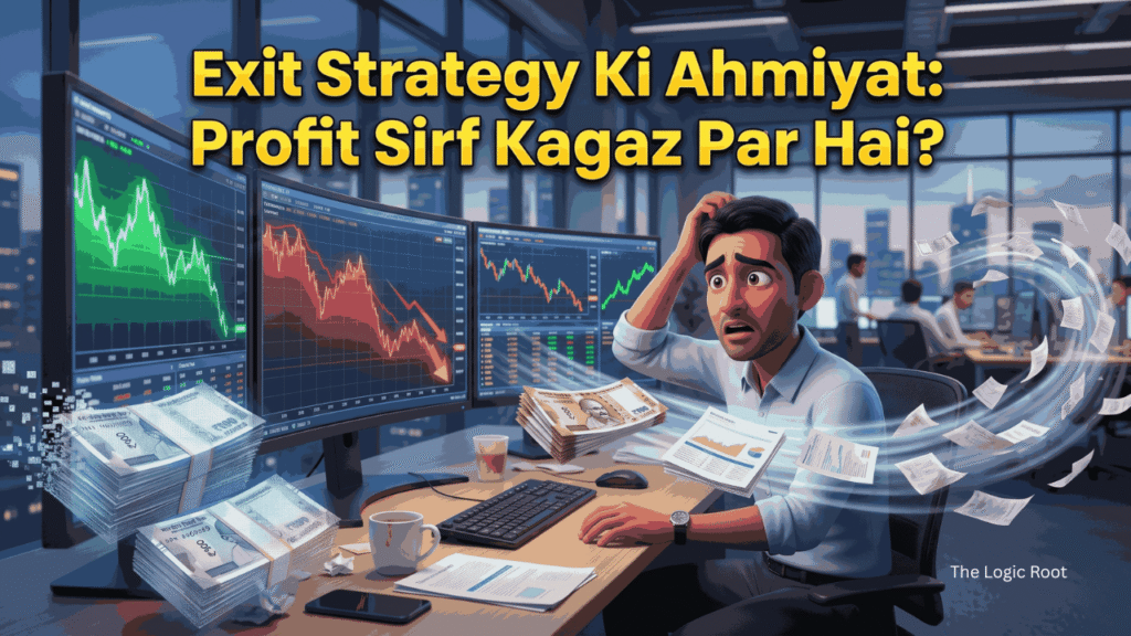 Stock bechna kab chahiye Financial graph highlighting the difference between unrealized profit (paper profit) and realized profit through a strategic exit.