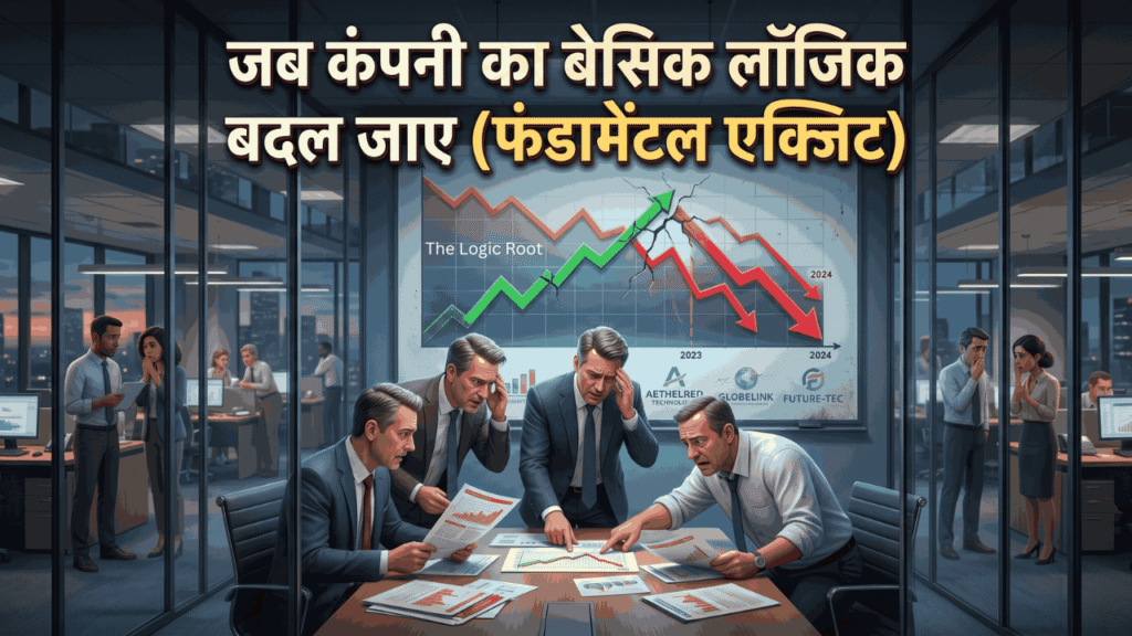 Ek stock market chart jo girawat dikha raha hai, jiske background mein company ki fundamental analysis aur logical breakdown ka symbol hai.