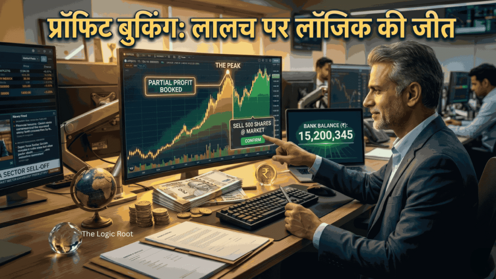 A conceptual image showing a balanced scale or a visual contrast between a greedy emoji/figure and a logical trading chart, symbolizing disciplined profit booking in the stock market