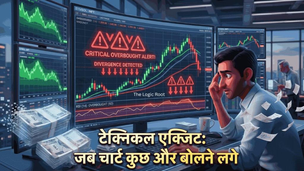 Stock market technical chart showing a breakdown below support levels with exit signal indicators and bearish trend lines.