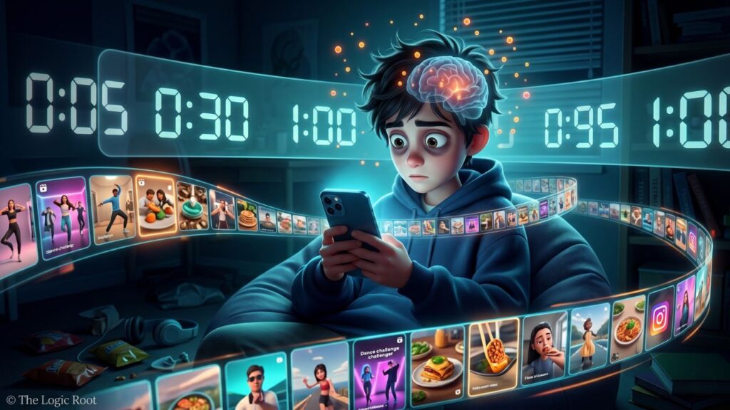 Digital hijacking और infinite scroll का cinematic illustration