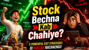 Stock market exit strategy concept showing profit and loss split screen with trader making decision, related to “Stock Bechna Kab Chahiye? 5 Powerful Exit Strategies Jo Nuksan Bachaengi”