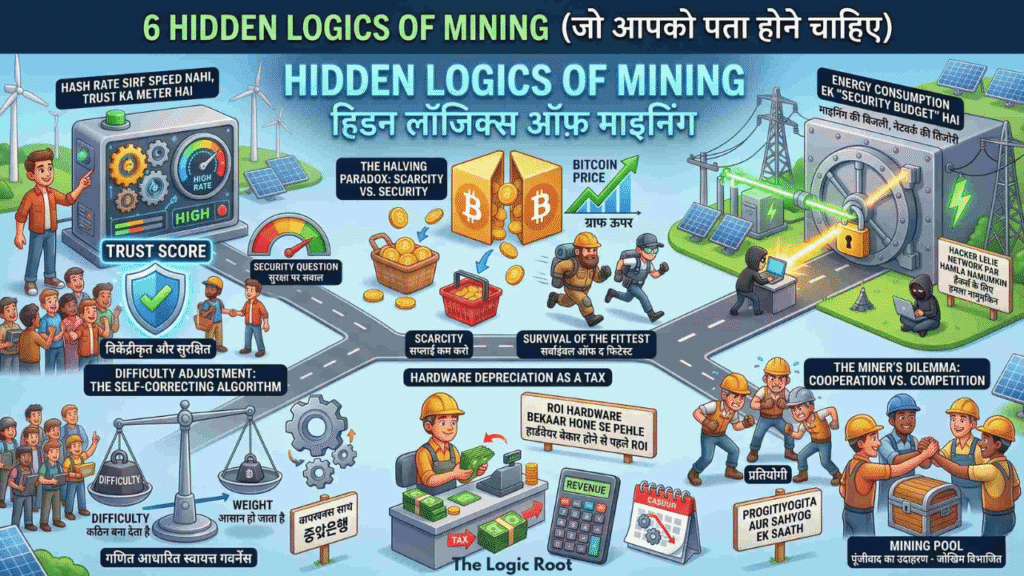 Cryptocurrency Mining Infographic showing 6 hidden logics of cryptocurrency mining including hash rate, bitcoin halving paradox, energy security budget, difficulty adjustment, hardware depreciation, and mining pools."