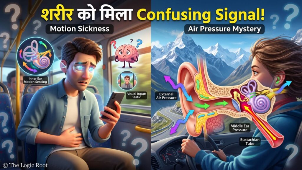 Motion Sickness और Air Pressure Mystery को दर्शाती हुई Image, जिसमें Inner Ear, Brain और Air Pressure के बीच होने वाले Scientific Process को आसान तरीके से समझाया गया है।
