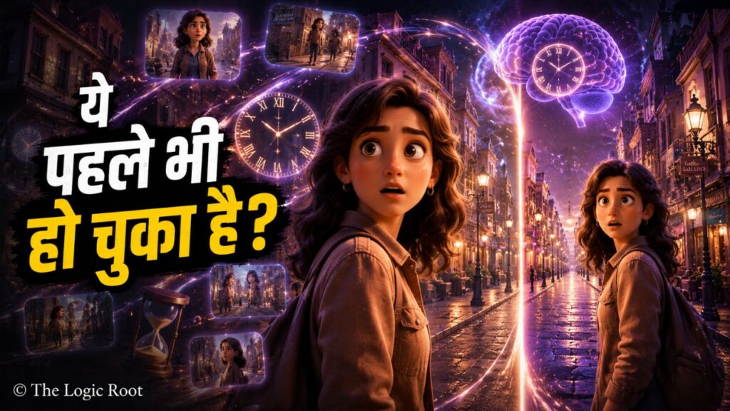 "एक रहस्यमयी रात के शहर में एक लड़की हैरान होकर पीछे देख रही है। उसके सामने उसी की दूसरी परछाईं दिखाई दे रही है। आसपास घड़ियाँ, रेत घड़ी और दिमाग के अंदर घड़ी का चित्र बना है, जो समय, Déjà Vu और Time Travel के रहस्य को दर्शाता है।"
