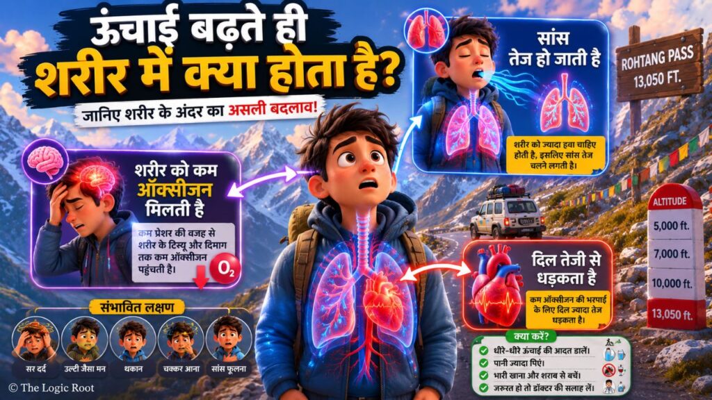 ऊंचाई बढ़ने पर शरीर में होने वाले बदलाव समझाता इन्फोग्राफिक, जिसमें कम ऑक्सीजन, तेज सांस, दिल की धड़कन बढ़ना, ऊंचाई पर होने वाले लक्षण और बचाव के उपाय दिखाए गए हैं।