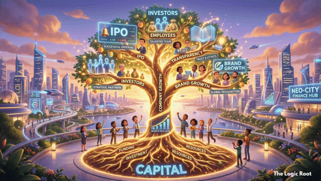 A glowing business growth tree showing IPO logic in Pixar-style