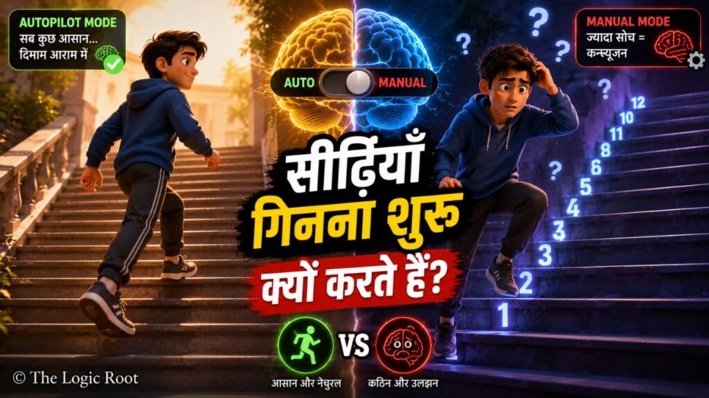 सीढ़ियां चढ़ते समय दिमाग के ऑटोपायलट और मैनुअल मोड का अंतर समझाता चित्र, जिसमें अधिक सोचने पर होने वाले भ्रम और सीढ़ियां गिनने की आदत को दर्शाया गया है।